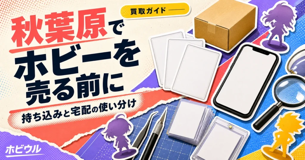 秋葉原でフィギュア・トレカを売る前に知っておくことを解説する記事のアイキャッチ。無地のトレカと段ボール箱、虫眼鏡を並べたポップな静物デザイン