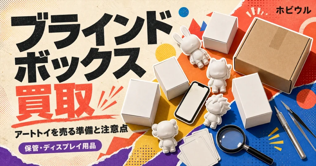 ブラインドボックス・アートトイ買取記事のアイキャッチ、無地の小箱と段ボール箱を並べたポップな静物デザイン