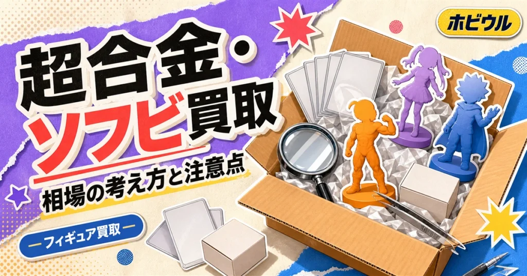 超合金・ソフビ人形の買取相場の考え方と注意点を解説する記事のアイキャッチ。開いた段ボール箱と緩衝材、虫眼鏡を並べたポップな静物デザイン