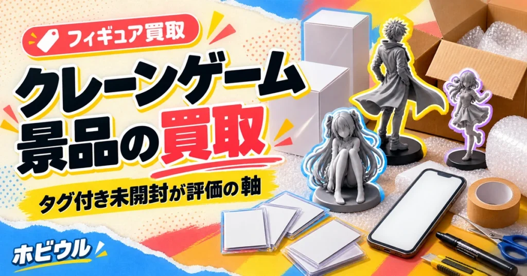 クレーンゲームで取ったフィギュア景品の買取を解説する記事のアイキャッチ。無地の景品ボックスと段ボール箱、スマホを並べたポップな静物デザイン