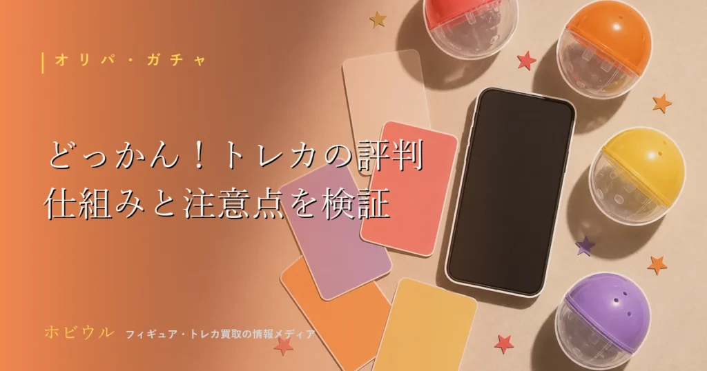 どっかん！トレカの評判記事のアイキャッチ、オンラインオリパとトレカをイメージしたポップなデザイン