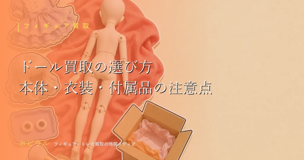 ドール買取の選び方記事のアイキャッチ。段ボール箱とドール衣装の小物をイメージしたポップなデザイン
