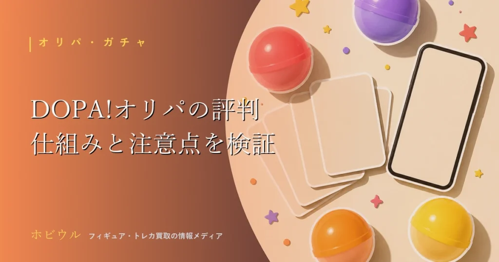 DOPA!オリパの評判記事のアイキャッチ、オンラインくじとトレカをイメージしたデザイン