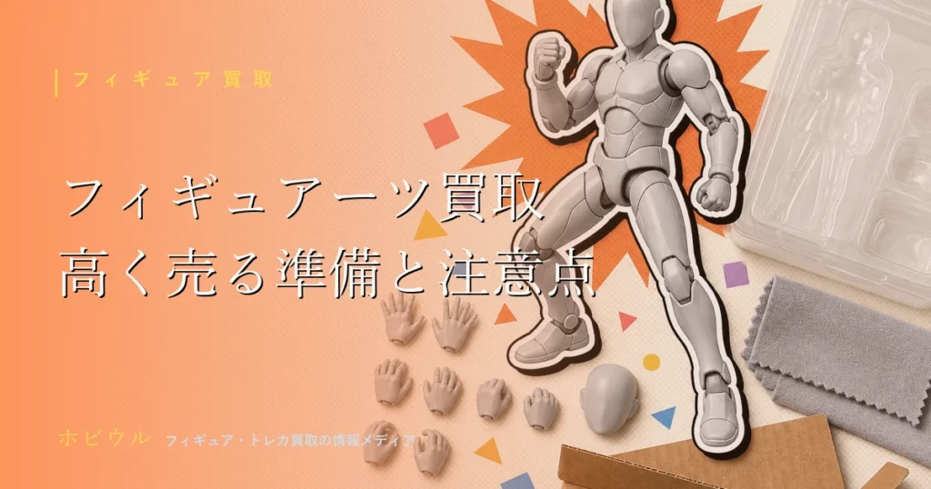 フィギュアーツ買取の解説記事のアイキャッチ。段ボール箱とスマホ、虫眼鏡を使った宅配買取のイメージ