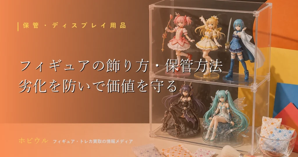 フィギュアの飾り方・保管方法の記事アイキャッチ、コレクションケースとメンテ用品をイメージしたデザイン