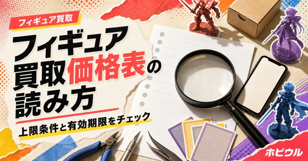 フィギュア買取価格表の正しい読み方を解説する記事のアイキャッチ。無地のリスト風の紙と虫眼鏡、段ボール箱を並べたポップな静物デザイン