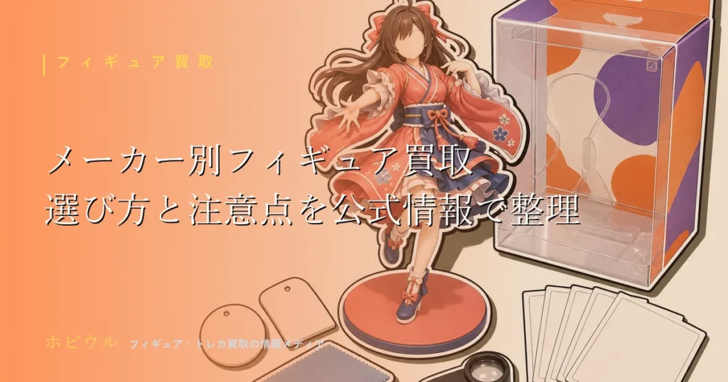 メーカー別フィギュア買取の考え方を解説する記事のアイキャッチ、段ボール箱とスマホと虫眼鏡を並べたポップな静物デザイン