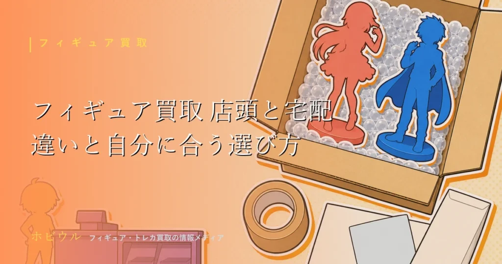 フィギュアの店頭買取と宅配買取の比較記事のアイキャッチ、段ボール箱とスマートフォンを並べたポップな静物デザイン