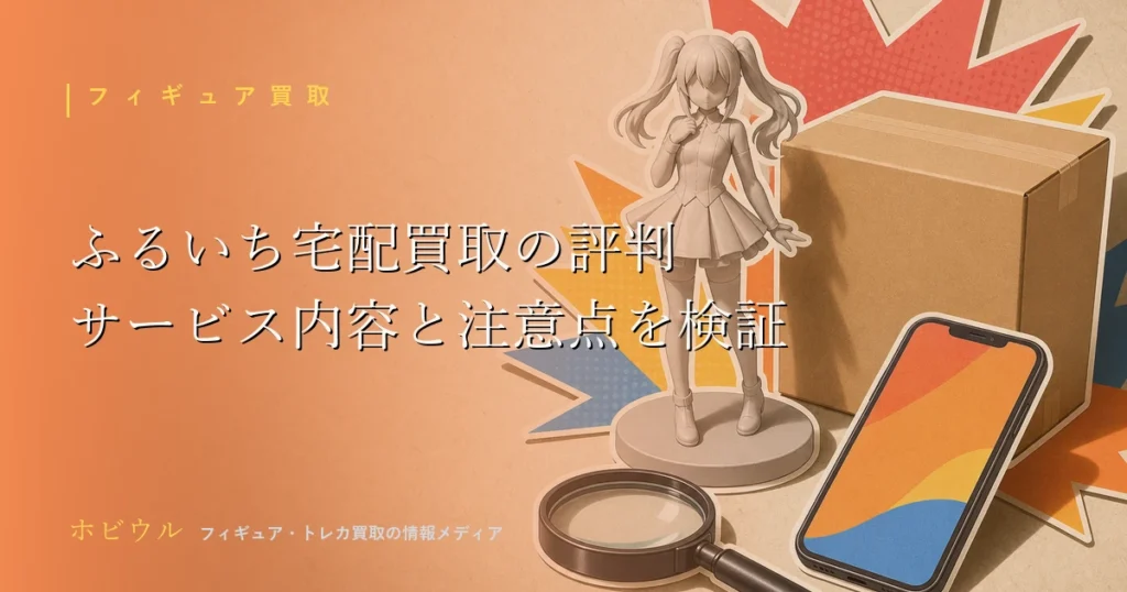 ふるいち宅配買取の評判記事のアイキャッチ、フィギュアと段ボール箱をイメージしたポップなデザイン