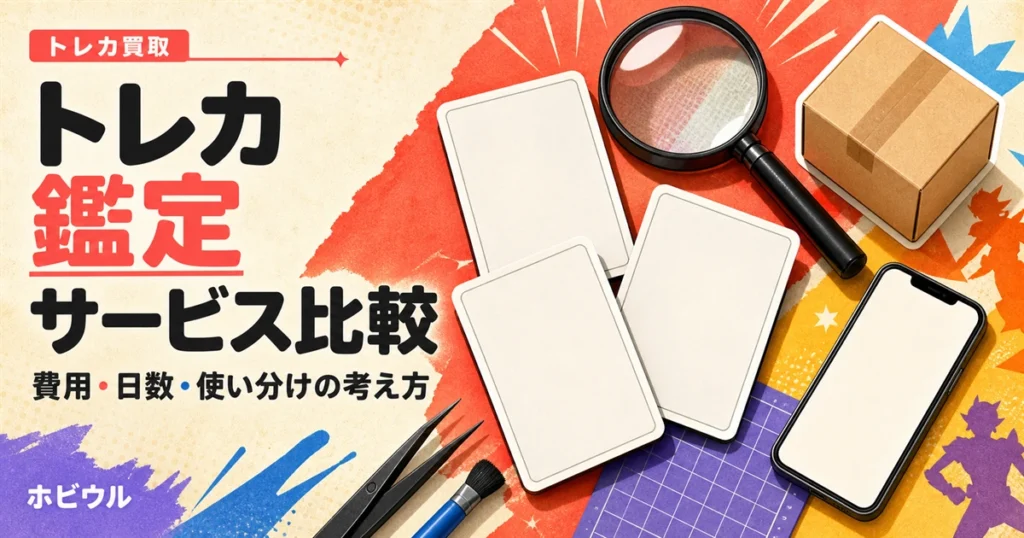 トレカ鑑定サービスの比較を解説する記事のアイキャッチ。無地のトレカと虫眼鏡、段ボール箱を並べたポップな静物デザイン