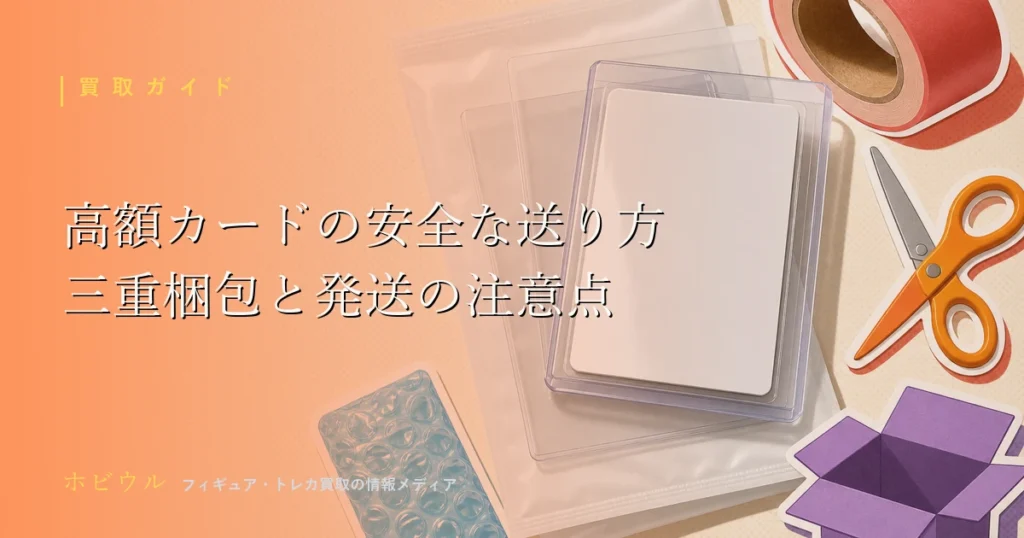 高額カードの宅配買取での安全な送り方を解説する記事のアイキャッチ。スリーブに入れた無地のトレカと段ボール箱のポップなイラスト