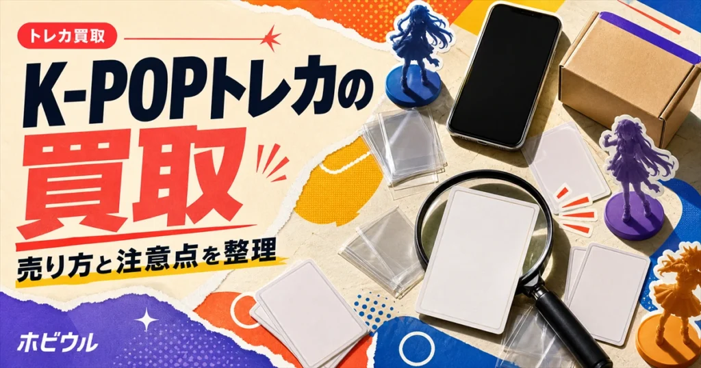 K-POPトレカ(フォトカード)の買取と売り方を解説する記事のアイキャッチ。無地のフォトカードとスマホ、段ボール箱、虫眼鏡を並べたポップな静物デザイン