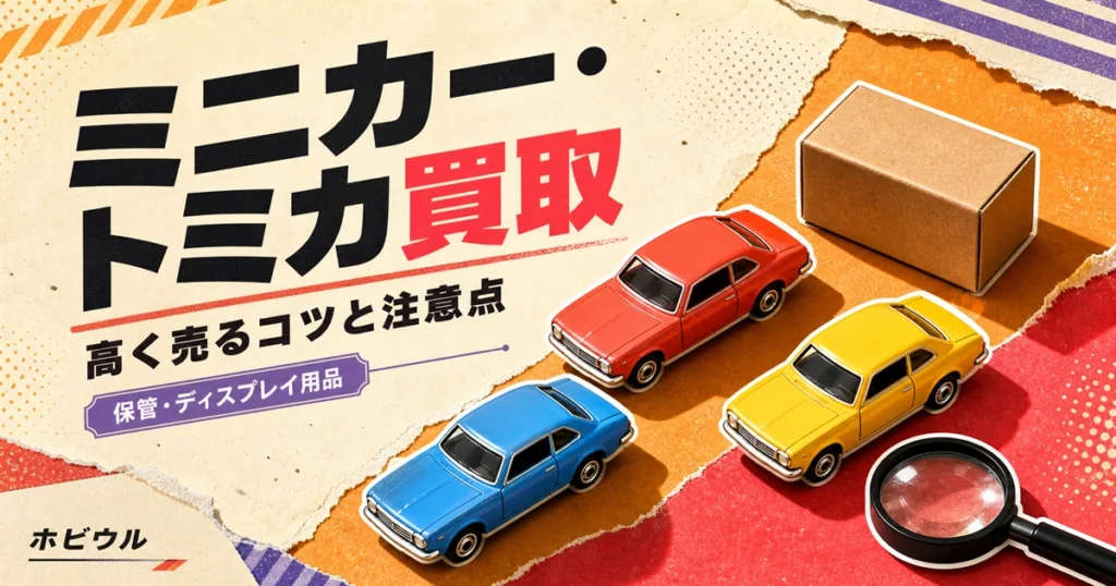 ミニカー・トミカの買取と高く売るコツを解説する記事のアイキャッチ。無地のおもちゃのミニカーと段ボール箱、虫眼鏡を並べたポップな静物デザイン