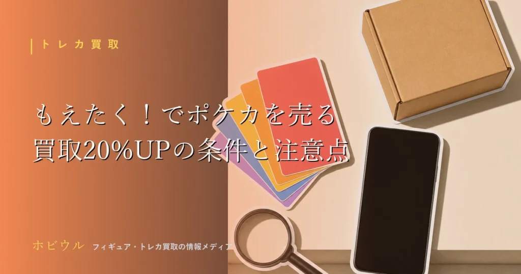 もえたく!でポケカを売る記事のアイキャッチ、無地のトレーディングカードと段ボール箱をモチーフにしたイラスト
