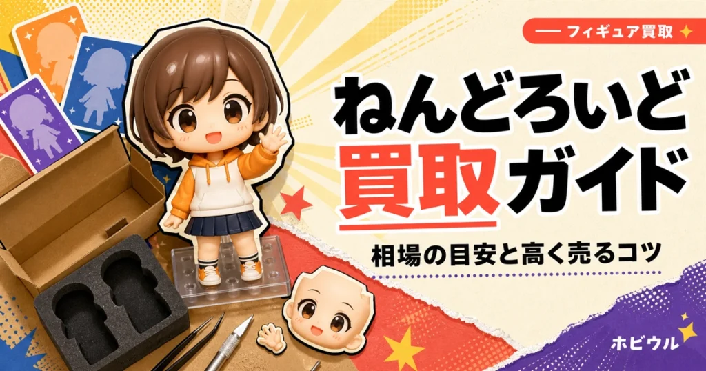 ねんどろいどの買取相場と高く売るコツを解説する記事のアイキャッチ、デフォルメフィギュアとカラフルな小箱をイメージしたデザイン