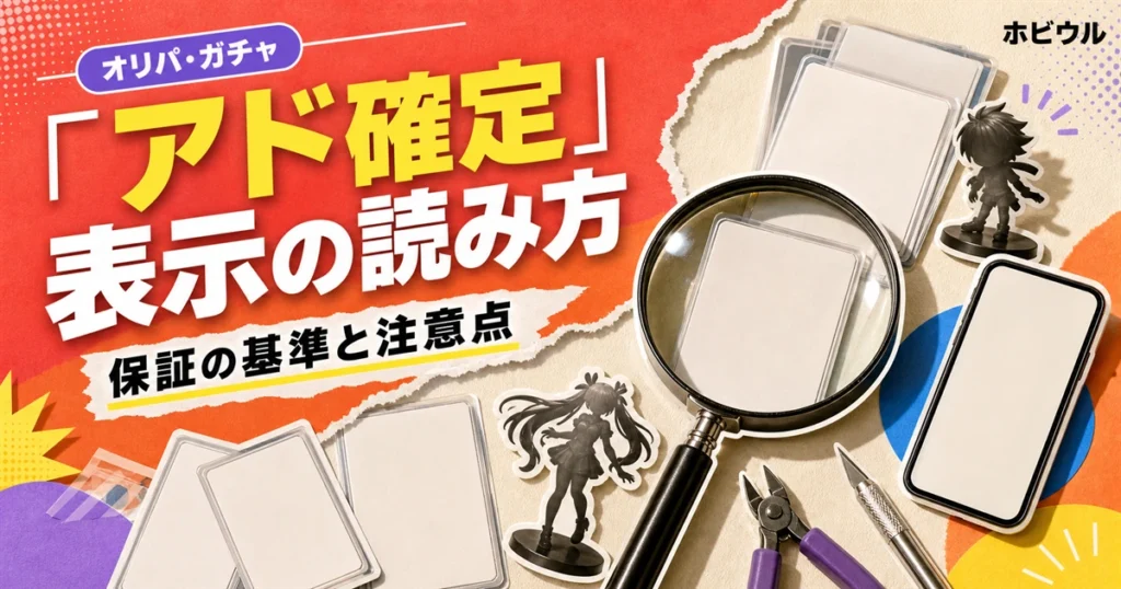 オリパのアド確定・保証付き表示の読み方を解説する記事のアイキャッチ。無地のトレカと虫眼鏡、スマホを並べたポップな静物デザイン