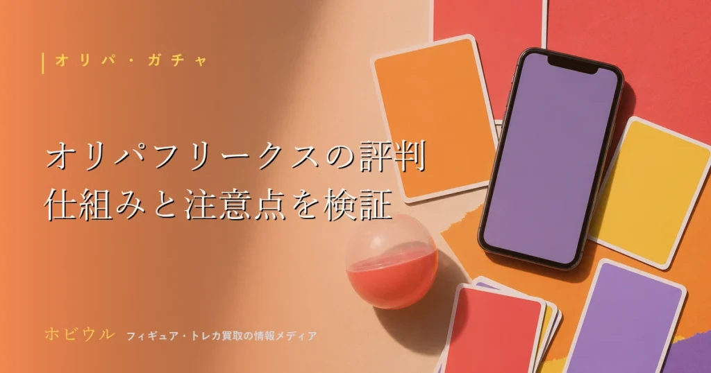 オリパフリークスの評判記事のアイキャッチ、オンラインくじとトレカをイメージしたポップなデザイン