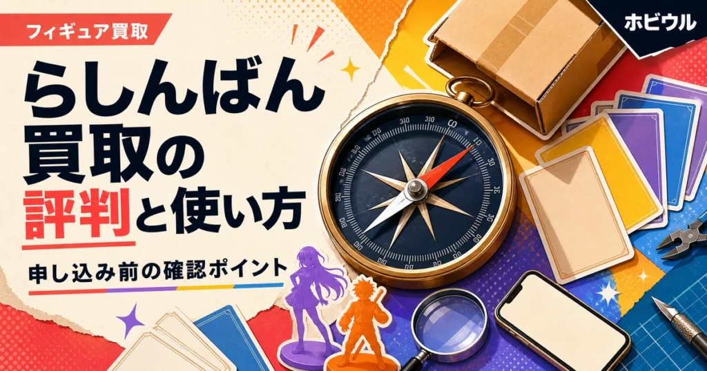 らしんばんのフィギュア・グッズ買取の評判と使い方を解説する記事のアイキャッチ。方位磁石と段ボール箱、無地のトレカを並べたポップな静物デザイン