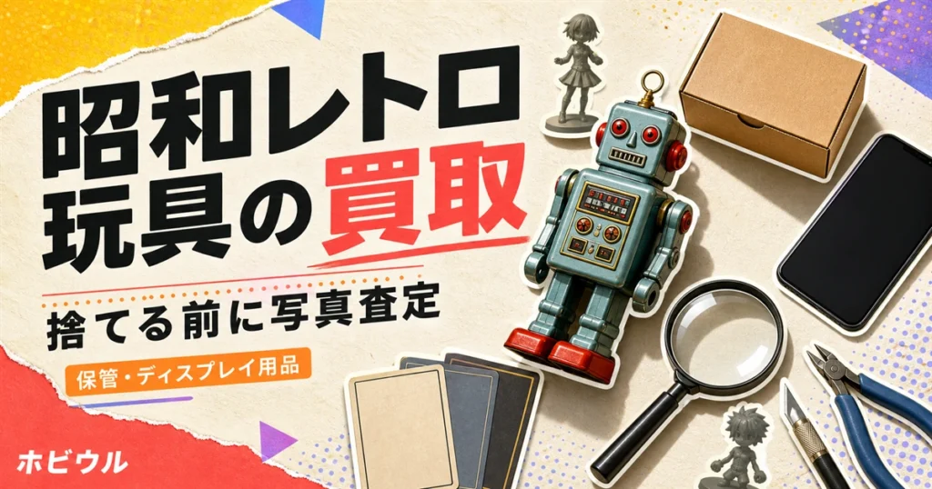 昭和レトロ玩具・当時物おもちゃの買取を解説する記事のアイキャッチ。ブリキ風ロボット玩具と段ボール箱、虫眼鏡を並べたポップな静物デザイン