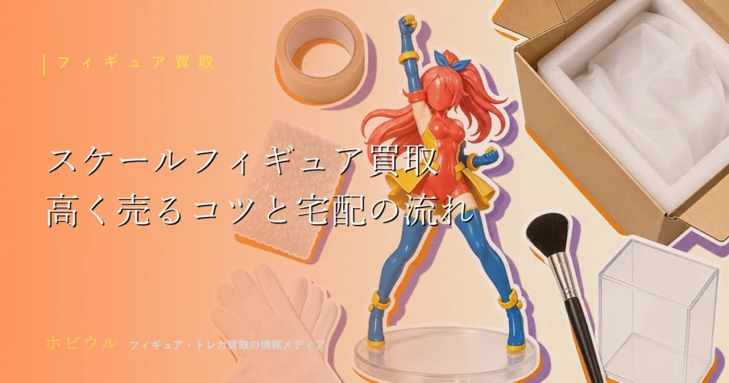 スケールフィギュア買取で高く売るコツの記事アイキャッチ。宅配買取をイメージした段ボール箱とスマホ、虫眼鏡のポップなイラスト