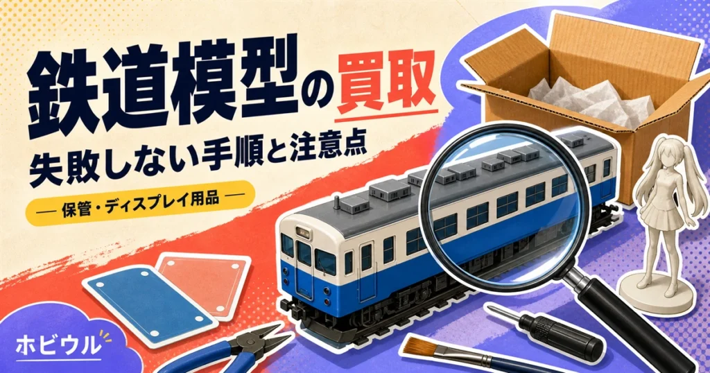 鉄道模型（Nゲージ・HO）の買取で失敗しない手順を解説する記事のアイキャッチ。無地のミニチュア鉄道車両と段ボール箱、虫眼鏡を並べたポップな静物デザイン