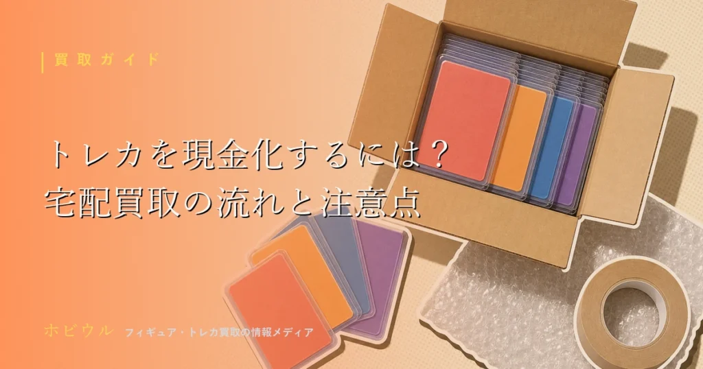 トレカを現金化する方法の解説記事アイキャッチ。無地のトレカと段ボール箱、スマホを並べた宅配買取のイメージ