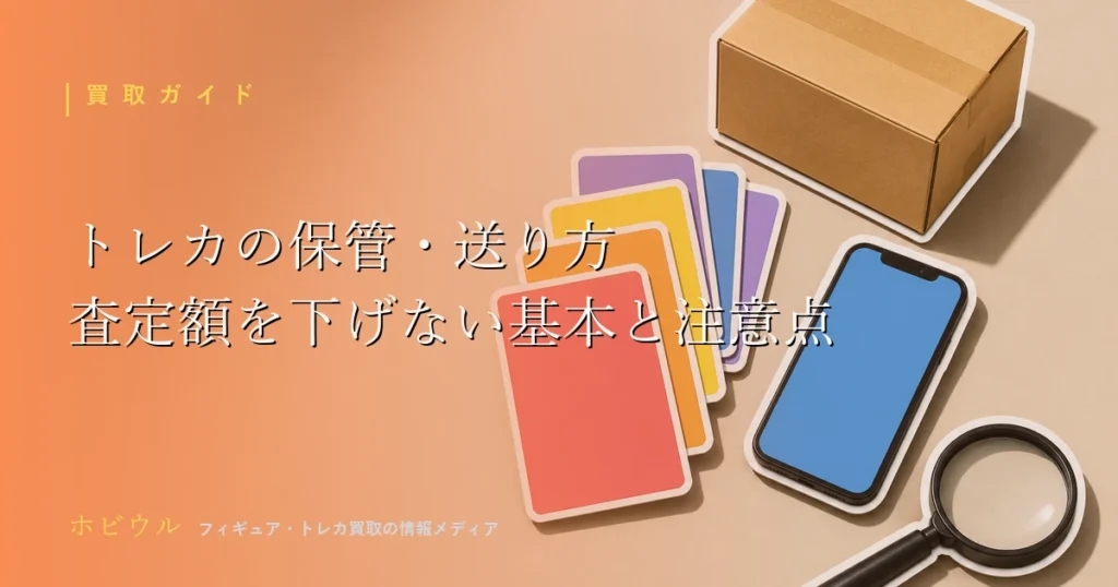 トレーディングカードの保管・梱包・送り方を解説する記事のアイキャッチ、カードと段ボール箱と虫眼鏡を配置したデザイン