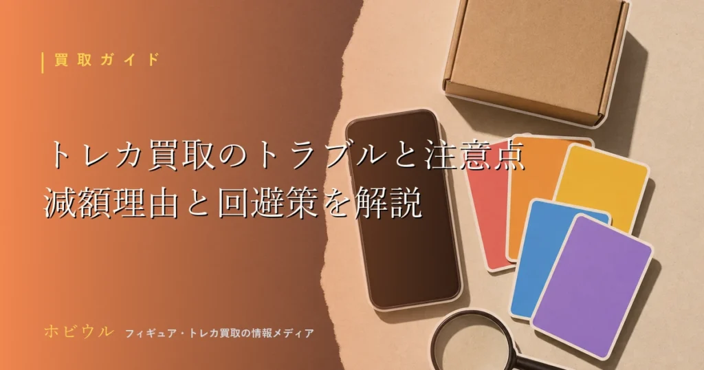 トレカ買取のトラブルと注意点を解説する記事のアイキャッチ、トレーディングカードと段ボール箱と虫眼鏡を配置したポップなデザイン