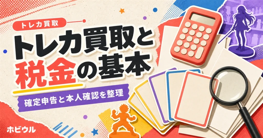 トレカ買取と税金・確定申告の基本を解説する記事のアイキャッチ。無地のトレカと電卓、書類、虫眼鏡を並べたポップな静物デザイン