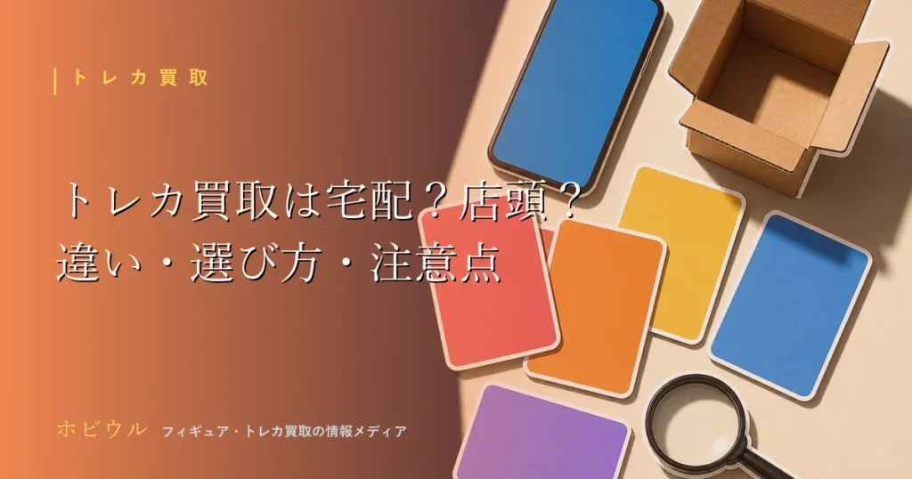 トレカ買取の宅配と店頭の比較を表すアイキャッチ。無地のトレーディングカードとスマホ、段ボール箱、虫眼鏡をポップに配置したデザイン