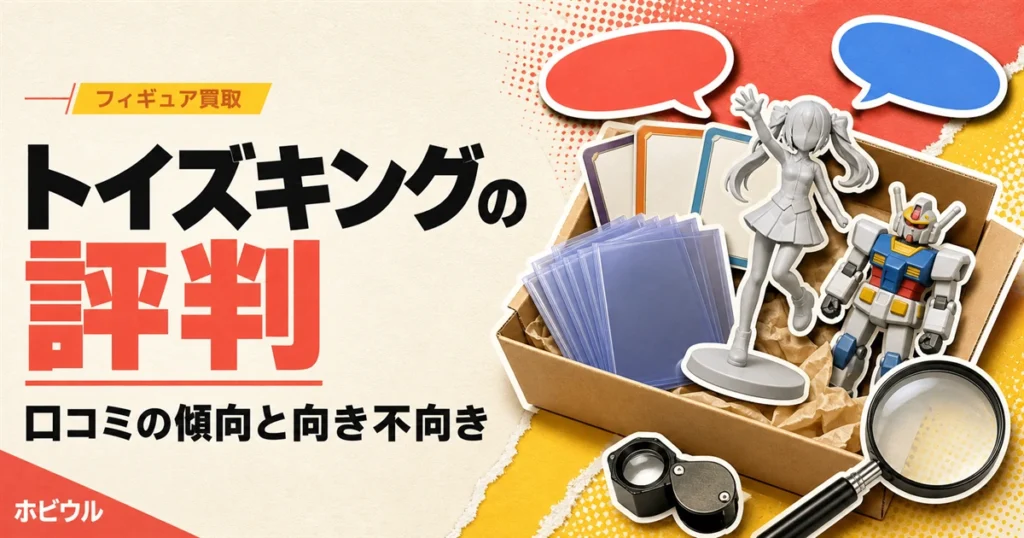 トイズキングの評判記事のアイキャッチ、段ボール箱に詰められたおもちゃと査定をイメージしたデザイン