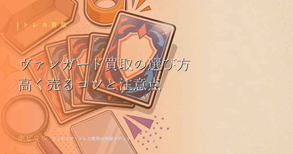 ヴァンガード買取の選び方記事のアイキャッチ、無地のトレーディングカードと段ボール箱を並べたポップなデザイン